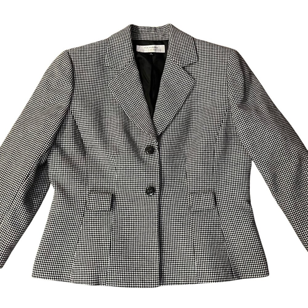 Tahari Houndstooth Suit Jacket Womens 12 Used Lined Belted Blazer - Picture 16 of 16